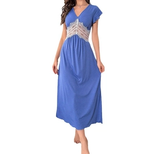 Sky blue V-neck nightgown with white lace waist detail and flutter sleeves
