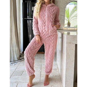 Detailed knit texture and zipper on pink coral fleece hooded one-piece pajamas for women