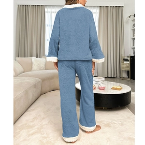 Ensemble pyjama femme en polaire corail bleu gris avec doublure peluche chaude pour hiver