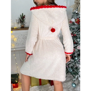 White flannel hooded Christmas bathrobe with festive red pom-poms and matching belt