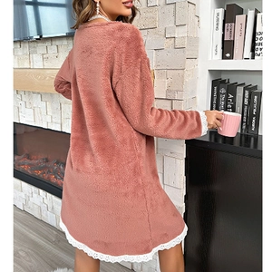 Pink coral fleece nightgown with elegant lace trim and long sleeves for winter comfort