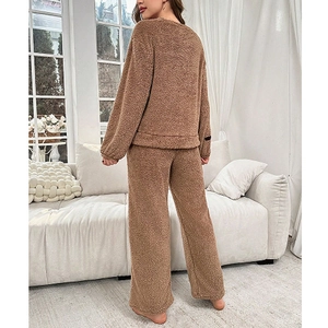 Women's warm dark brown sherpa fleece pajama set with long sleeve top and wide leg pants