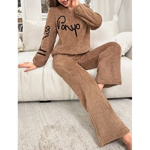Women's warm camel coral fleece pajamas set with long sleeves and wide-leg pants