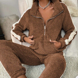 Women's brown fleece loungewear set with half-zip sweatshirt and matching joggers