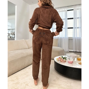 Women's warm fluffy brown fleece lounge set with embroidered cat letter details
