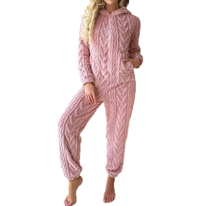 Pink hooded coral fleece jumpsuit for women with cable knit pattern and pocket detail