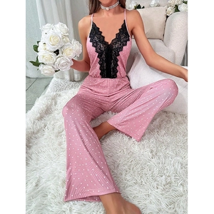 Pink polka dot v-neck lace jumpsuit loungewear with high waist belt and wide leg pants