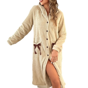 Thick cream coral fleece hooded bathrobe with buttons and bow pockets for winter