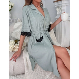 Short sleeve light green lace trim robe with lapel collar and waist tie for women