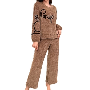 Women's warm chocolate brown plush flannel pajama set with long sleeves and embroidery