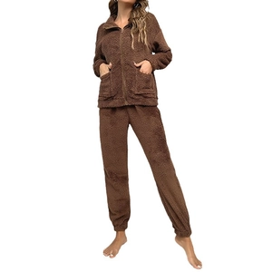 Women's brown fuzzy fleece two-piece pajama set with zipper collar and jogger pants