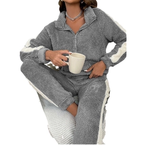 Women's grey teddy fleece loungewear set with zipper stand collar and side stripes