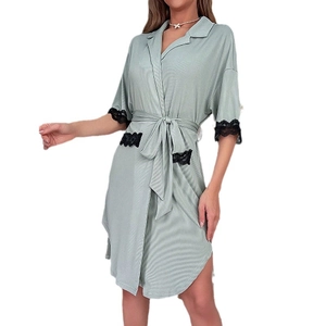 Short sleeve light green lace-trimmed pajamas with waist tie and V-neck collar