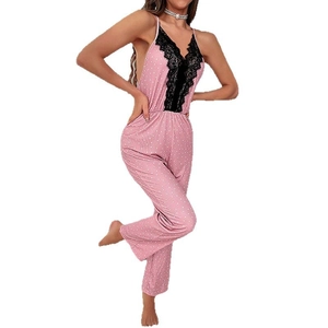 Sexy pink polka dot lace jumpsuit sleepwear with deep V-neck and black lace details