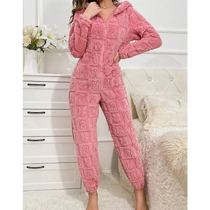 Pink fleece hooded onesie with bunny embossing and cozy zip-front for winter warmth