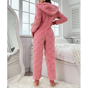 Combinaison pyjama à capuche en polaire rose à carreaux avec poignets côtelés vue de dos