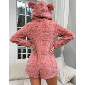 Pink hooded fuzzy romper for women with heart pattern and 3D animal ears design