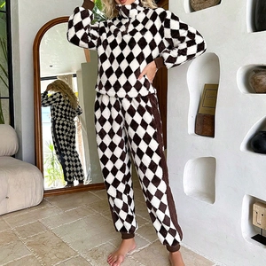 Women's warm plush plaid lounge set with half-zip stand collar and checkered pants