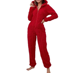 Women's warm red coral fleece hooded one-piece pajamas with textured teddy bear patterns