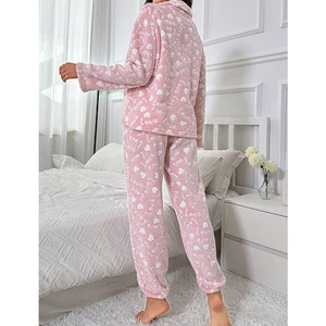 Pink heart patterned plush pajamas set for women with long sleeves and pants