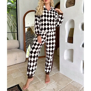 Women's warm plaid flannel pajama set with thick long sleeve top and matching pants