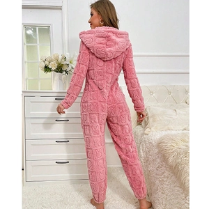 Pink fleece one-piece hooded pajama suit with embossed rabbit pattern for women