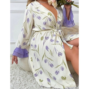 Women's tulip print long sleeve pajama dress with V-neck, waist tie, and ruffle cuffs