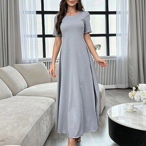 Short sleeve light gray round neck summer sleep dress for women with cinched waist design