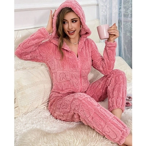 Pink hooded coral fleece jumpsuit with 3D rabbit pattern for winter warmth