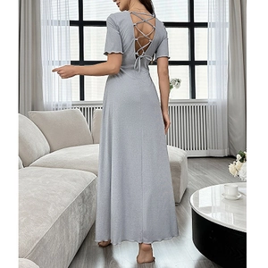 Slim fit light grey knit sleepwear dress featuring open back cross straps and round neck