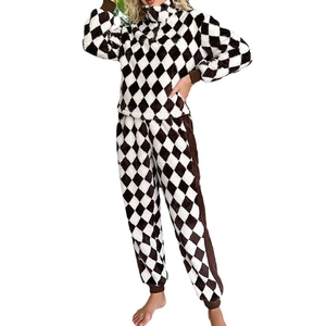 Women's warm checkered fleece pajamas set with half-zip collar and ribbed cuffs