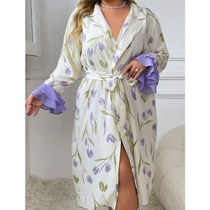 Detail of tulip floral print on women's V-neck nightgown with purple ruffled sleeves