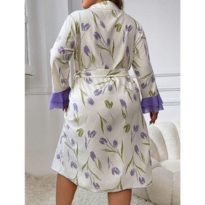 Women's tulip print V-neck sleepwear robe with ruffled sleeves and belted waist design