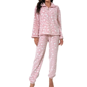 Pink fleece pajama set with heart patterns and LOVE print for women home wear