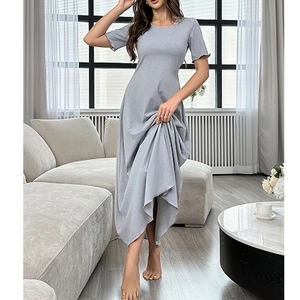 Slim fit gray short sleeve maxi lounge dress with ribbed texture and crew neck design