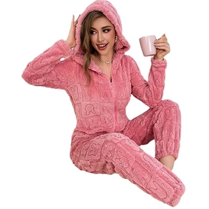 Pink coral fleece hooded one-piece pajamas with 3D rabbit texture and zipper closure
