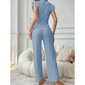Ensemble homewear bleu clair en maille avec manches volantées et pantalon large