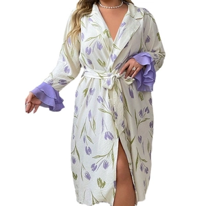 Women's tulip print nightgown with V-neck, lace-up waist and elegant ruffled cuffs