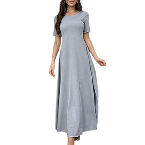 Women's elegant grey short sleeve long nightdress with cinched waist and A-line hem