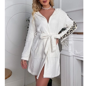 White plush leopard print hooded bathrobe with belted waist and warm fleece texture