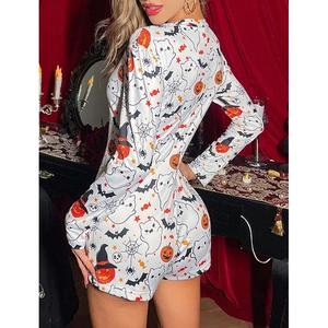 Women's V-neck Halloween print long sleeve romper with pumpkin and ghost motifs