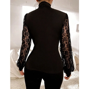 Women's black high neck slim fit top featuring elegant lace crochet long sleeves