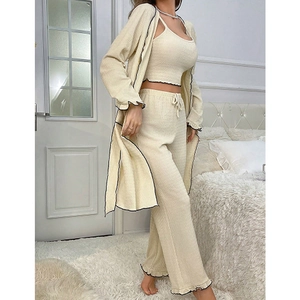 Three-piece women's lounge set with cardigan, tank top and wide-leg waffle knit pants