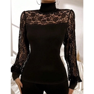 Women's black long-sleeve mesh top with floral lace patchwork and elegant high collar