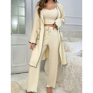 Women Sexy Western Ribbed Loungewear Top And Bottom Contrast Binding Lettuce Trim Cardigan Cami Pants Loungewear Home Wear