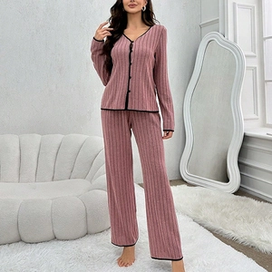 Elegantes Geripptes Langarm Pyjama Set Für Damen V-Ausschnitt Kontrast Bies Lotusrosa Top Und Bottom Homewear