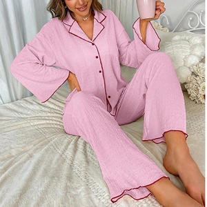 Ensemble Pyjama Femme à Passepoil Contrasté Manches Longues Boutonné Revers Loungewear Haut Et Bas Vêtements De Nuit