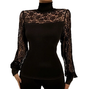 Women's black turtleneck top with sheer floral lace sleeves and slim fit knit body