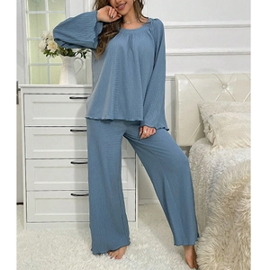 Women's grey-blue ribbed knit pajama set with long sleeves and wide-leg trousers