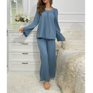 Morandi blue crewneck pajama set for women with long sleeves and ruffled edges
